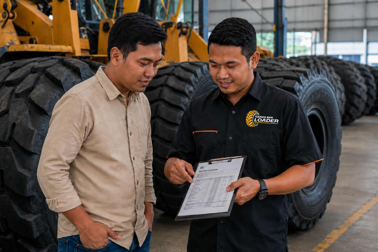 Sales Harga Ban Loader menjelaskan penawaran harga kepada pelanggan di gudang ban alat berat.