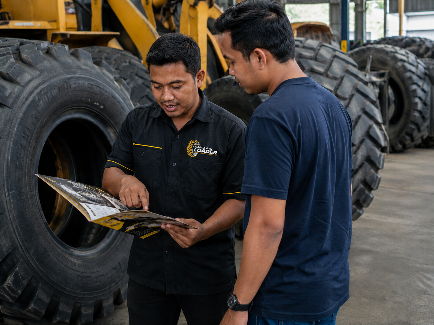 Sales Harga Ban Loader sedang menjelaskan katalog ban loader kepada pelanggan di gudang ban alat berat.