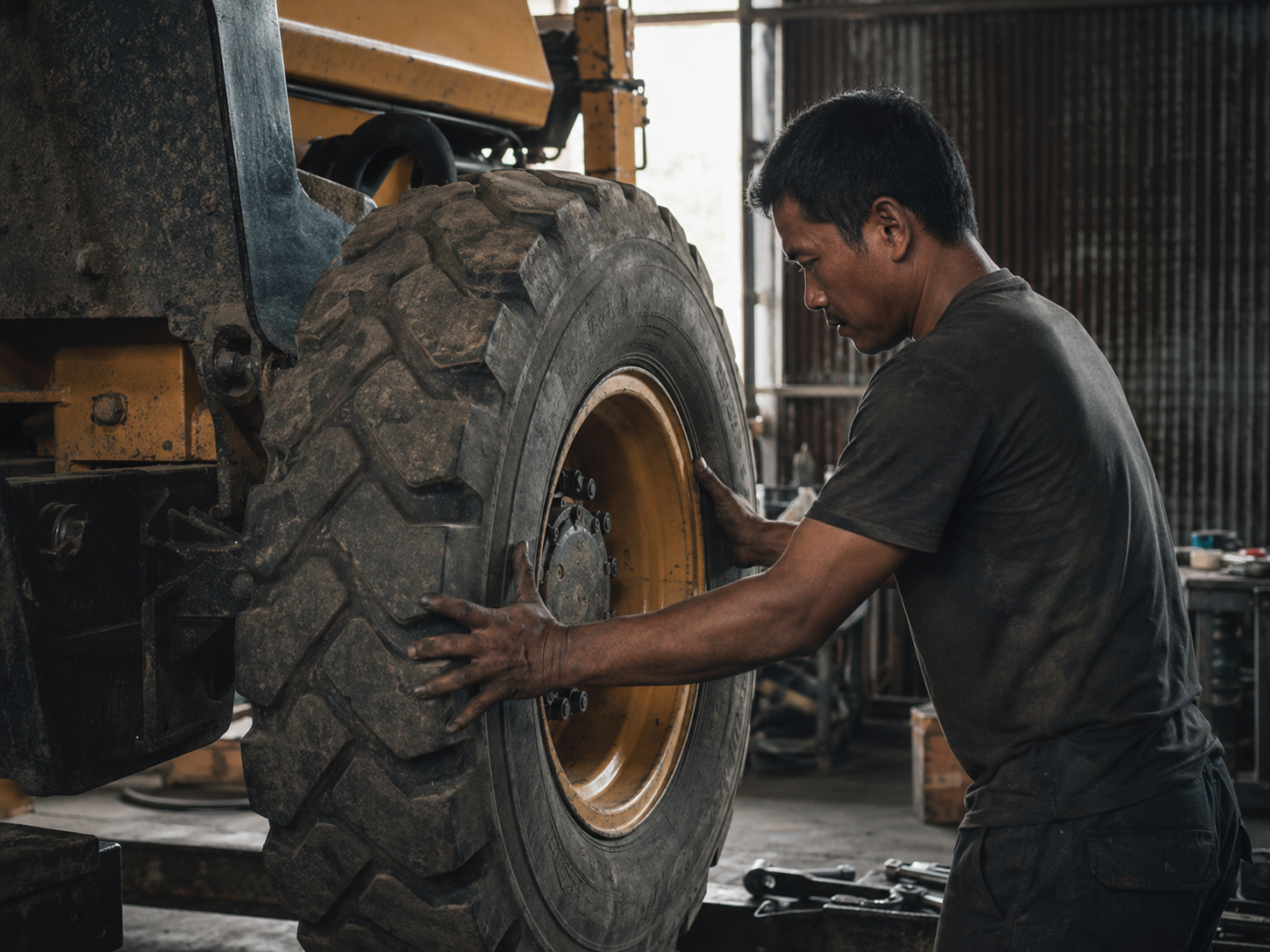 Teknisi profesional sedang melakukan pemasangan ban loader pada alat berat di bengkel.